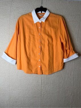 CJ Banks Orange Linen Blend Button-Up Shirt White Collar Size 2X